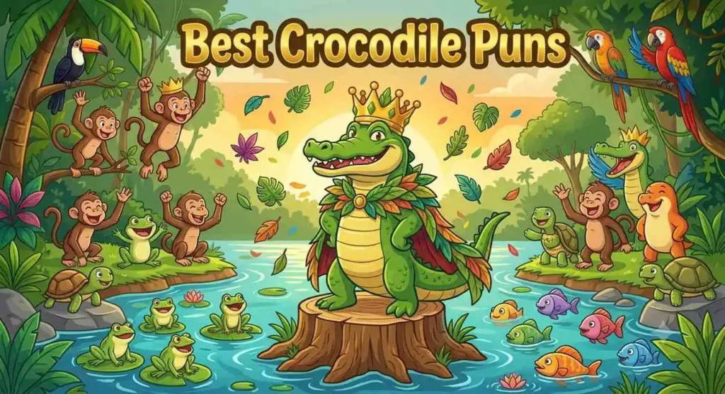 Happy crowned crocodile celebrating