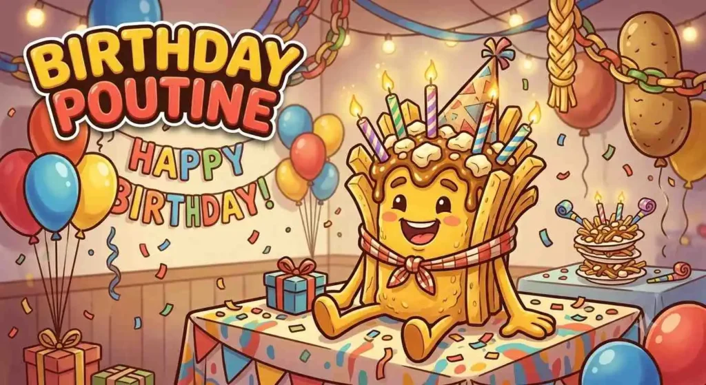 Poutine character birthday party scene