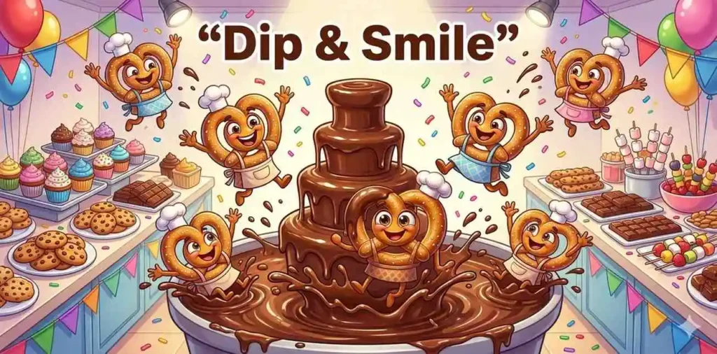 Pretzels dipping into chocolate fountain