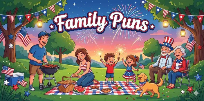 Cartoon family enjoying July picnic