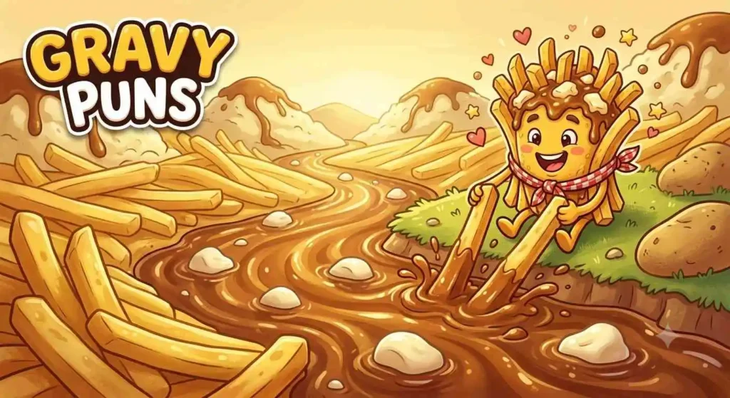 Flowing gravy river over fries landscape