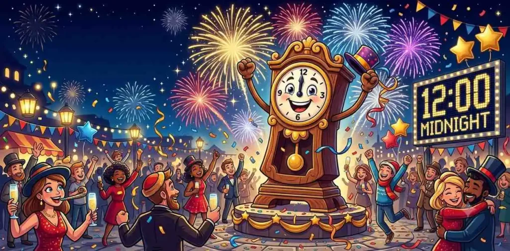 Cartoon midnight countdown celebration