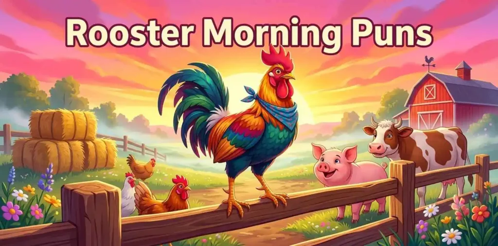 Funny rooster greeting sunrise
