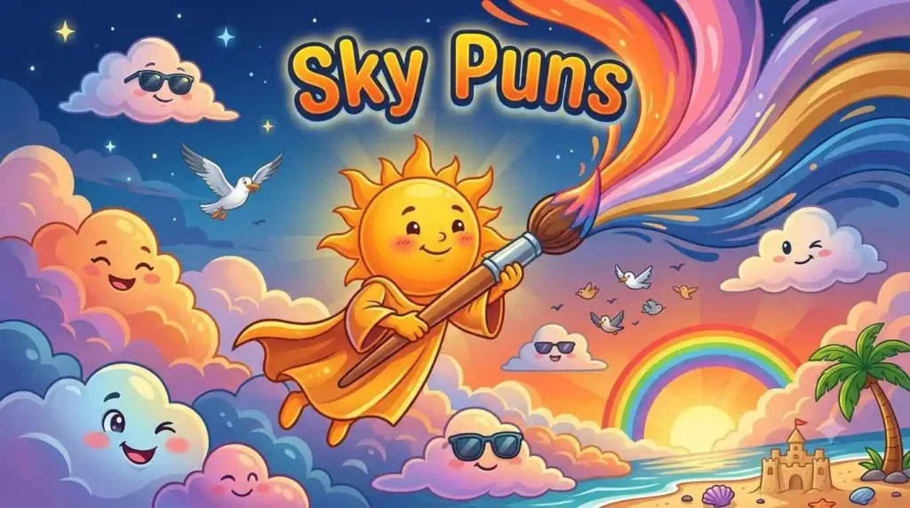 Cartoon sunset painting colorful sky.