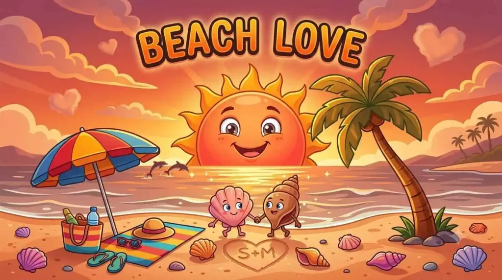 Cartoon sunset relaxing on beach.