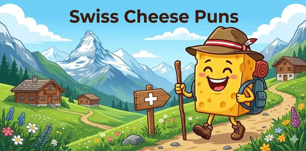 Cartoon Swiss cheese hiking mountains