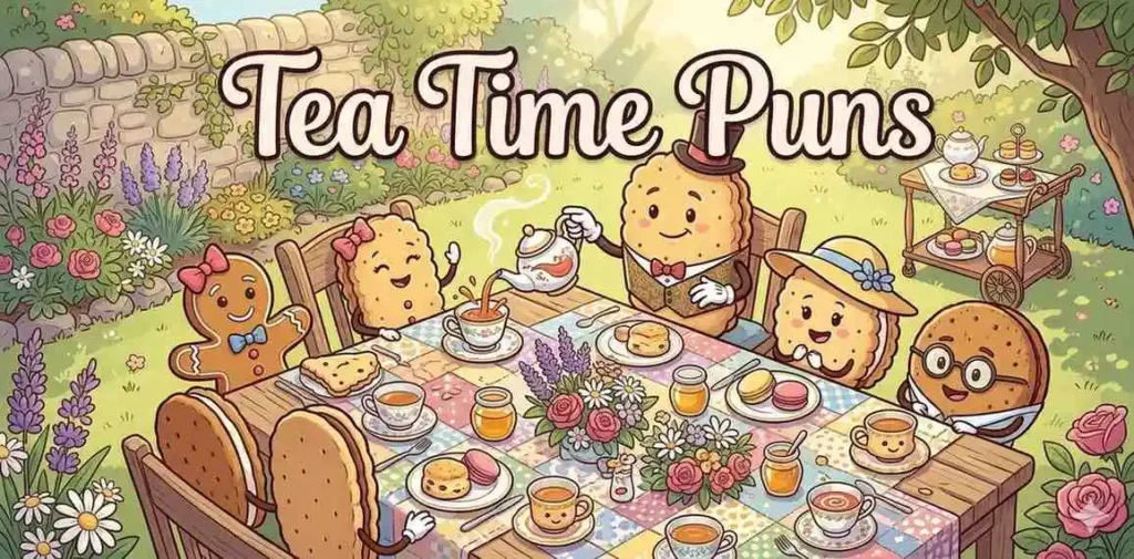 Cute biscuits enjoying afternoon tea