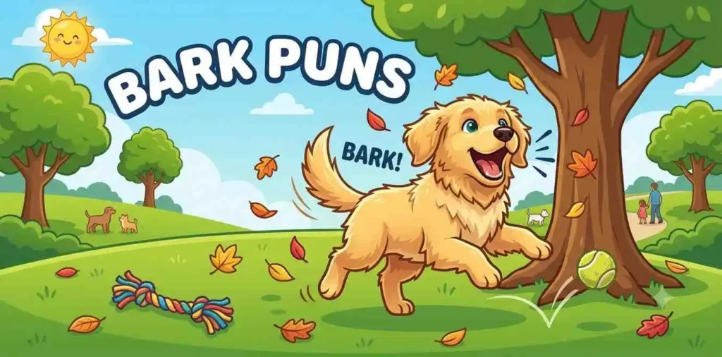 Playful puppy barking beside tree