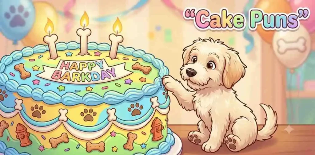 Playful dog beside birthday cake