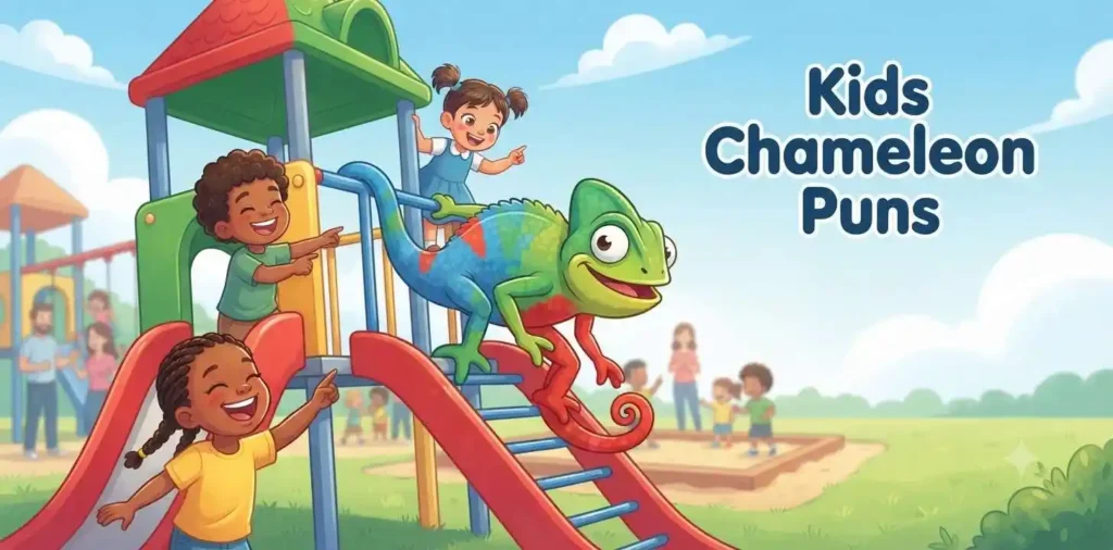Cute chameleon playing with kids