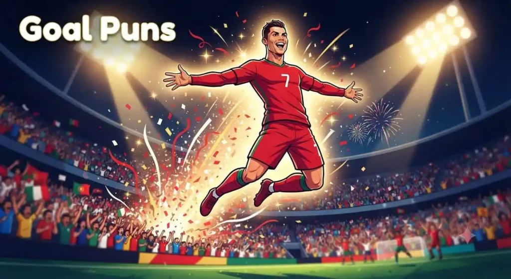 Cartoon footballer doing iconic celebration jump
