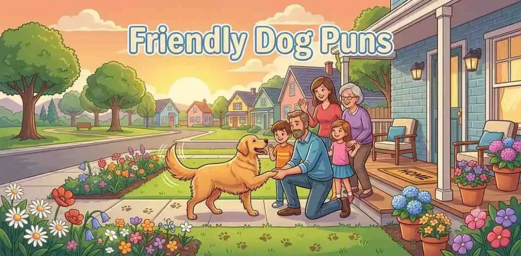 Friendly dog greeting smiling family