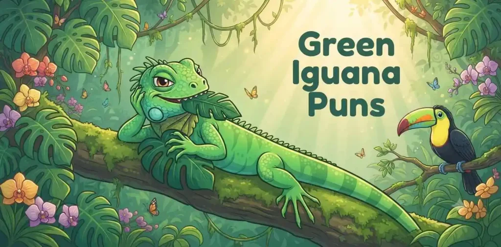 Green iguana eating jungle leaves