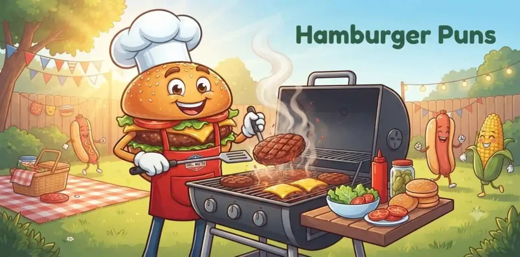 Funny hamburger chef cooking happily