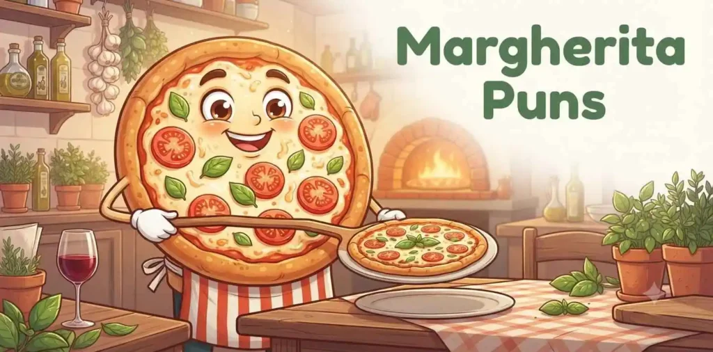 Happy Margherita pizza wearing chef hat