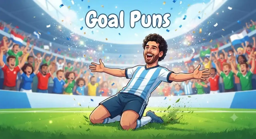 Cartoon Messi celebrating goal with fans