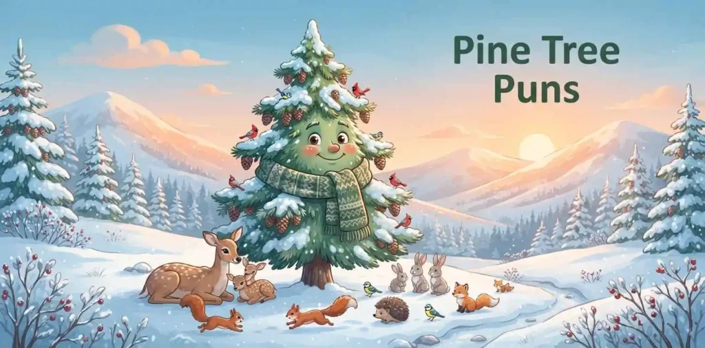 Happy pine tree winter forest