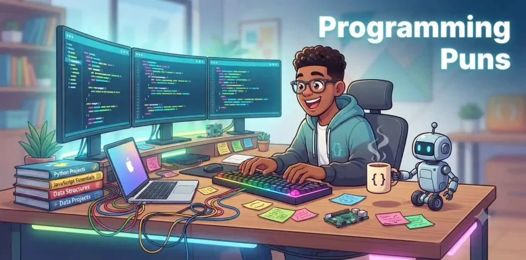 Happy coder writing code