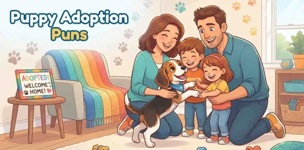 Happy puppy meeting new family