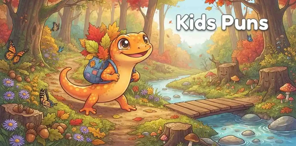 Playful salamander collecting leaves
