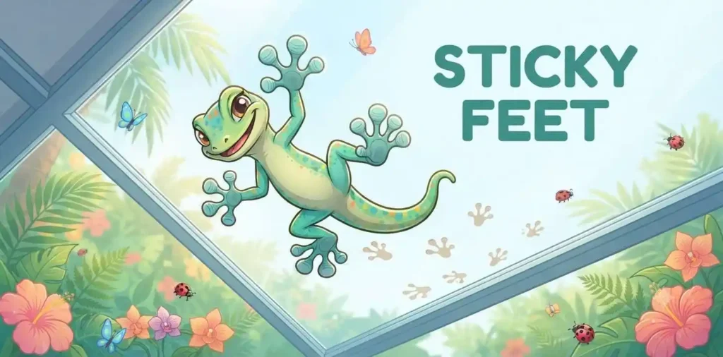 Funny gecko climbing glass wall