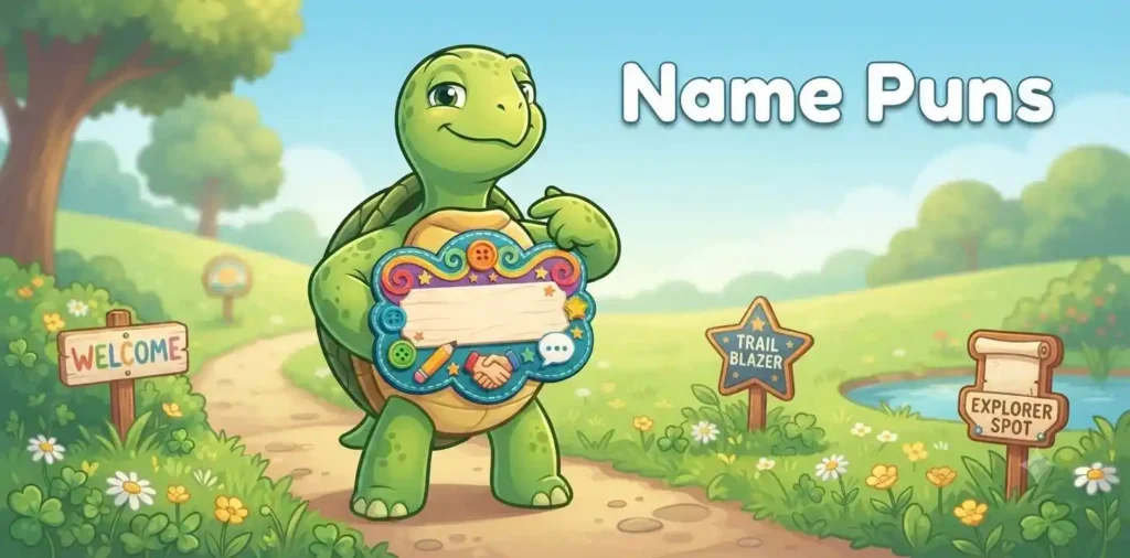 Turtle wearing name tag smiling