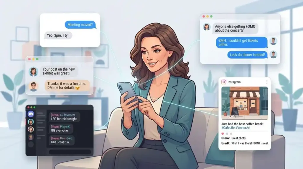 Adult internet slang shown across texts, DMs, group chats, social media, and gaming conversations