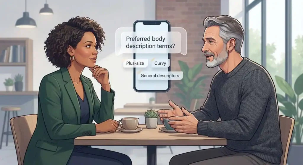 Two adults discuss whether a body-related term is comfortable and appropriate to use.
