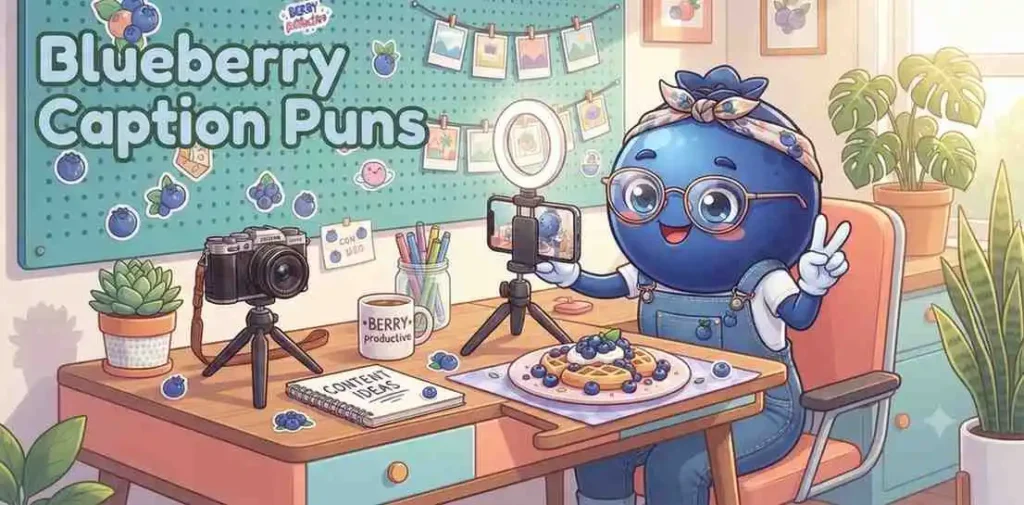 Blueberry mascot creating social content