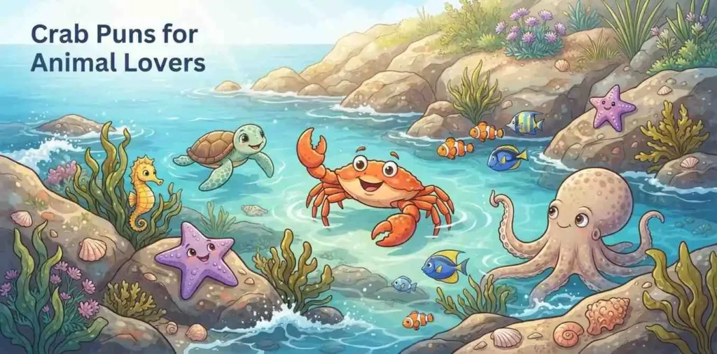 Crab with friendly sea animals