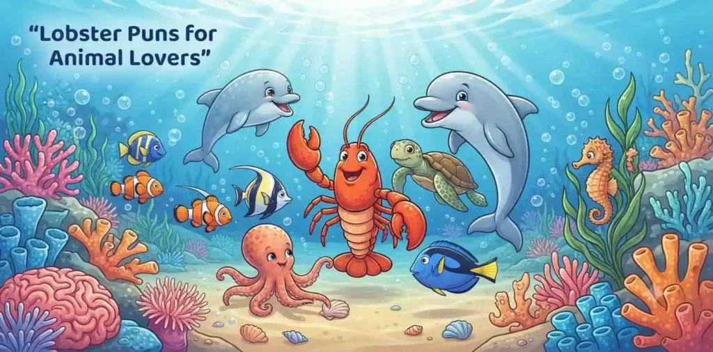 Lobster surrounded by sea animals