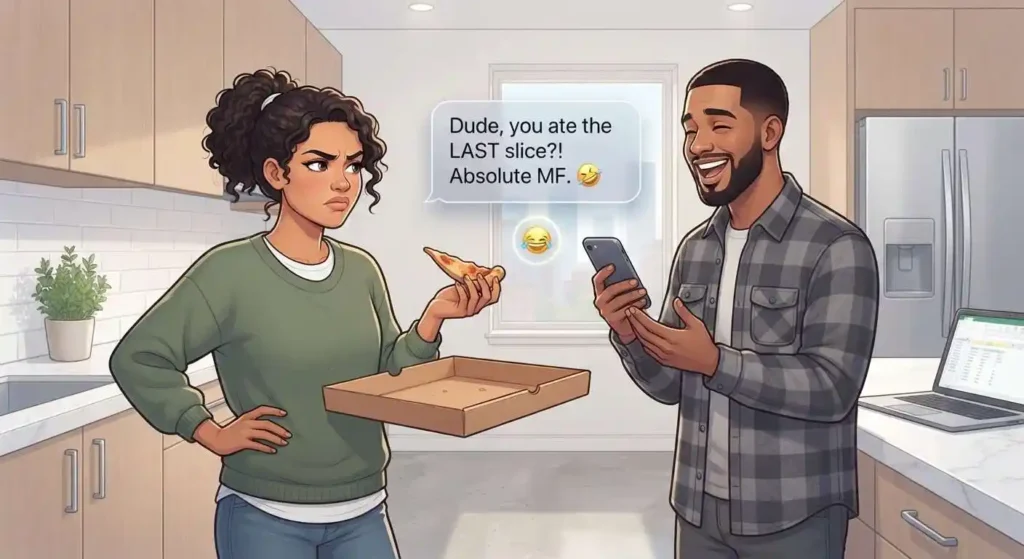 Friends use MF playfully while joking about someone eating the last slice of pizza.