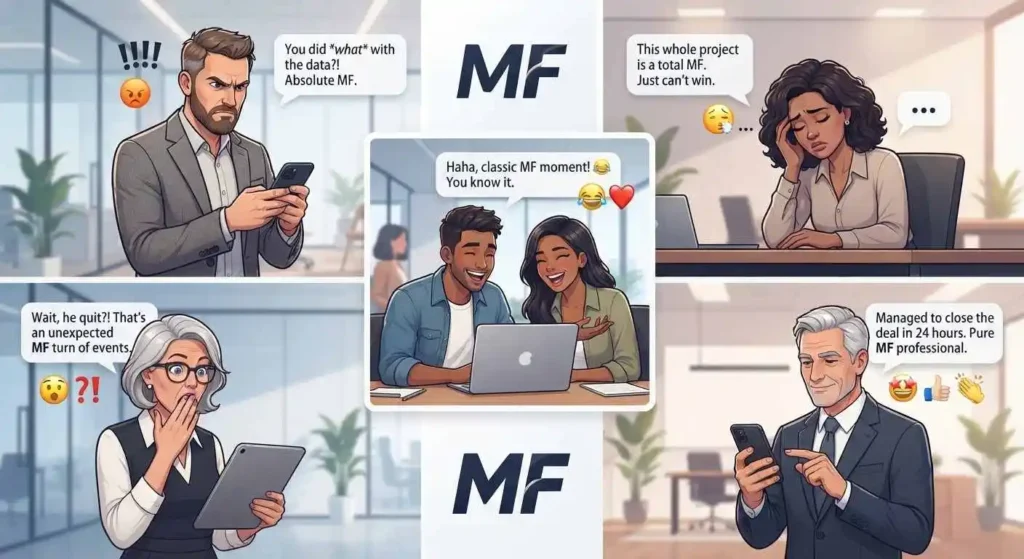 Different conversations show how MF can express anger, humor, surprise, frustration, or admiration.