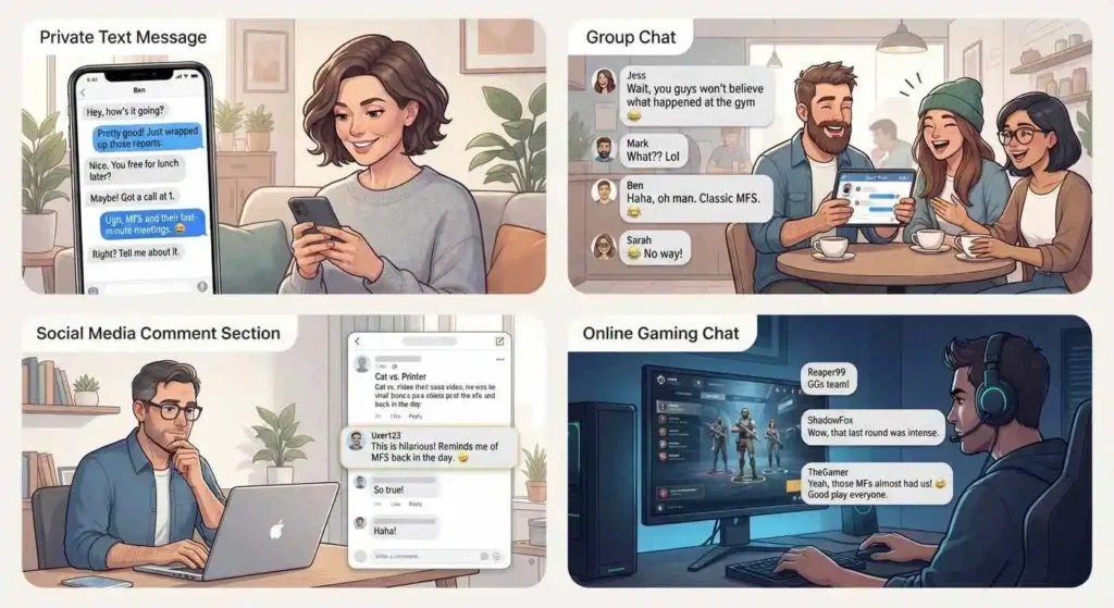 MFS appears in texts, group chats, social media comments, and gaming conversations.