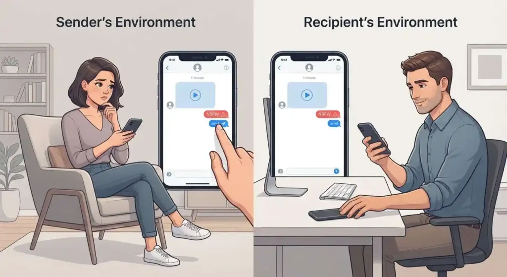 A sender adds an NSFW warning before sharing a potentially sensitive video with a friend.