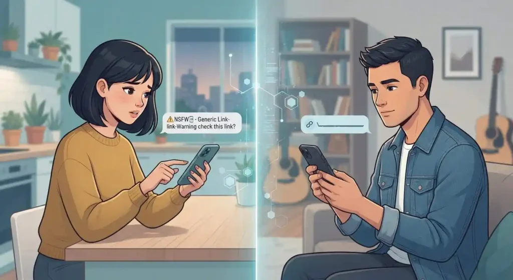 Two adults use a text message to warn each other about potentially inappropriate content.