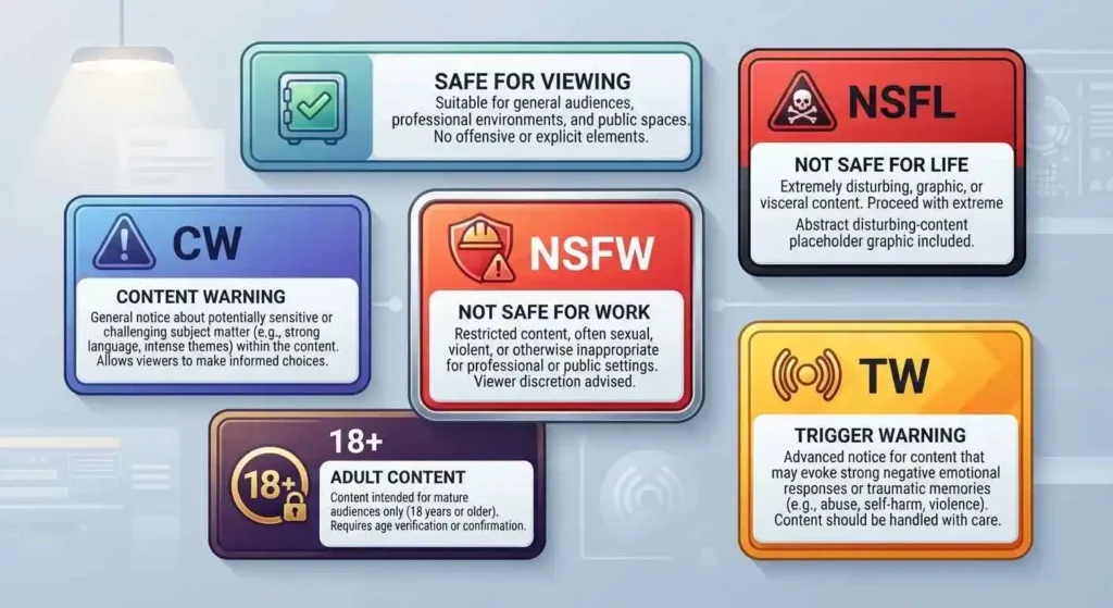 Visual comparison of NSFW, SFW, NSFL, 18+, TW, and CW warning labels.