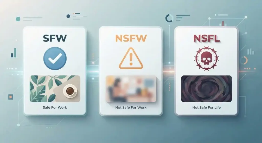 Editorial comparison showing the different warning levels represented by SFW, NSFW, and NSFL.