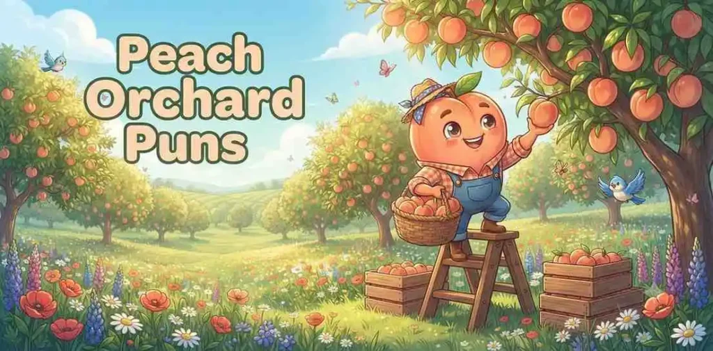 Peach mascot picking ripe fruit