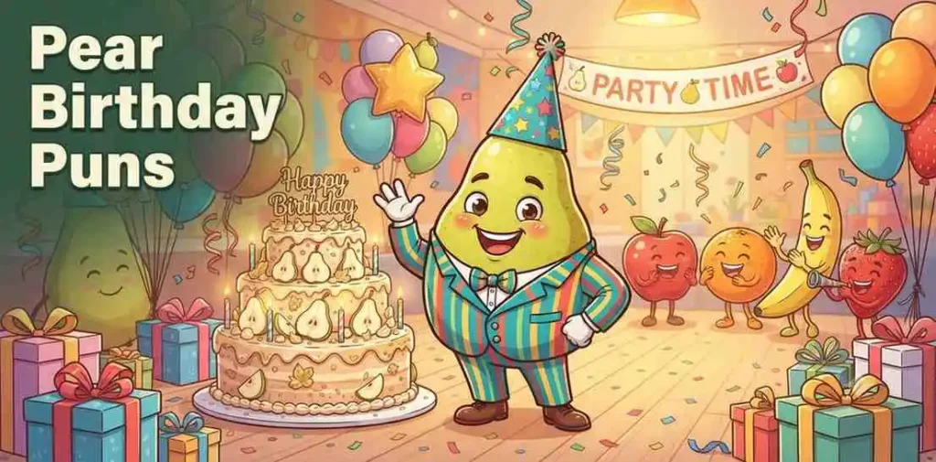 Birthday pear celebrating happily