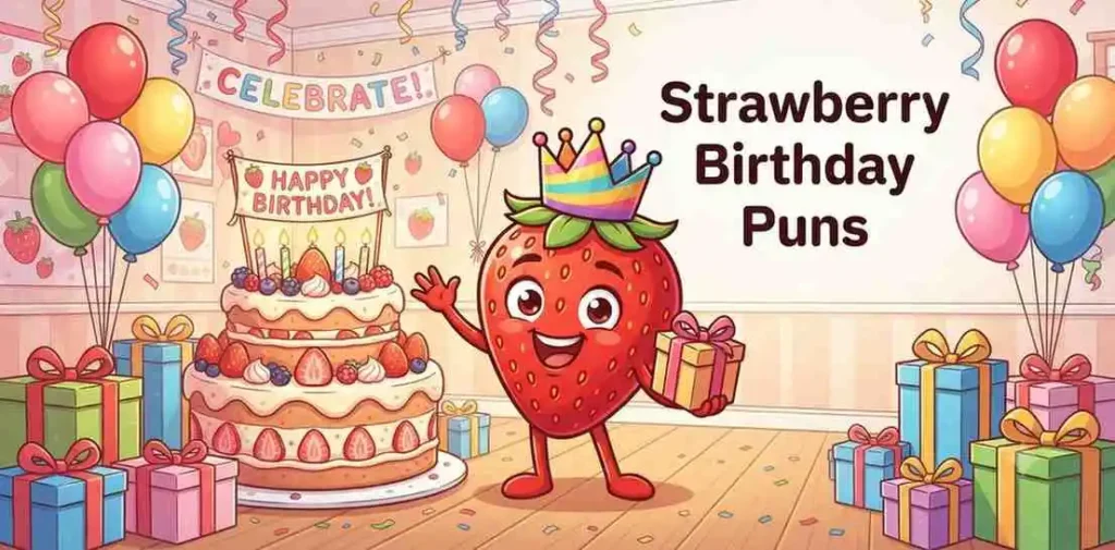 Strawberry mascot celebrating birthday party