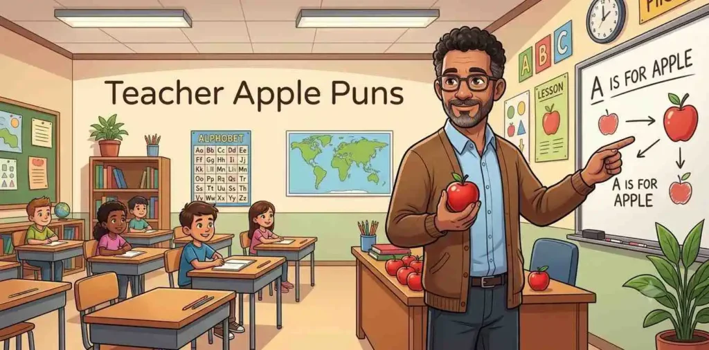 Teacher holding apple in classroom