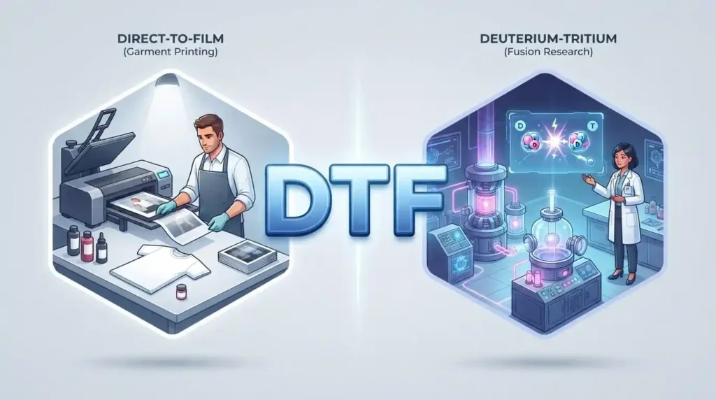 DTF representing Direct-to-Film printing and deuterium-tritium fusion in different contexts