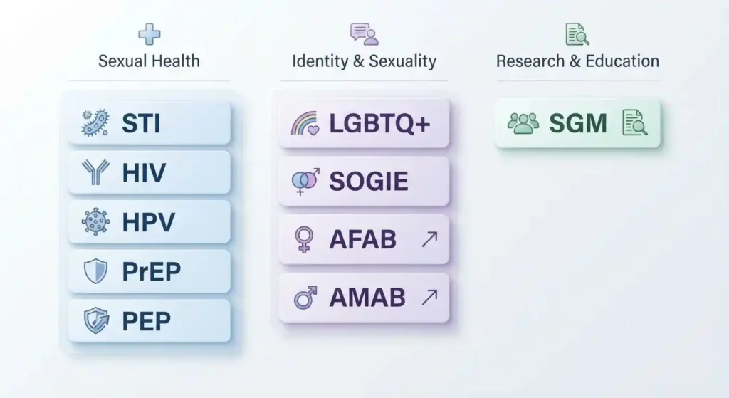 Visual grouping of sexual acronyms into health, identity, and educational categories.