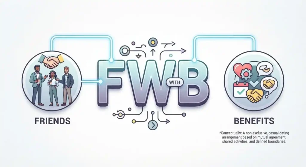 Visual breakdown of the FWB acronym into friends with benefits