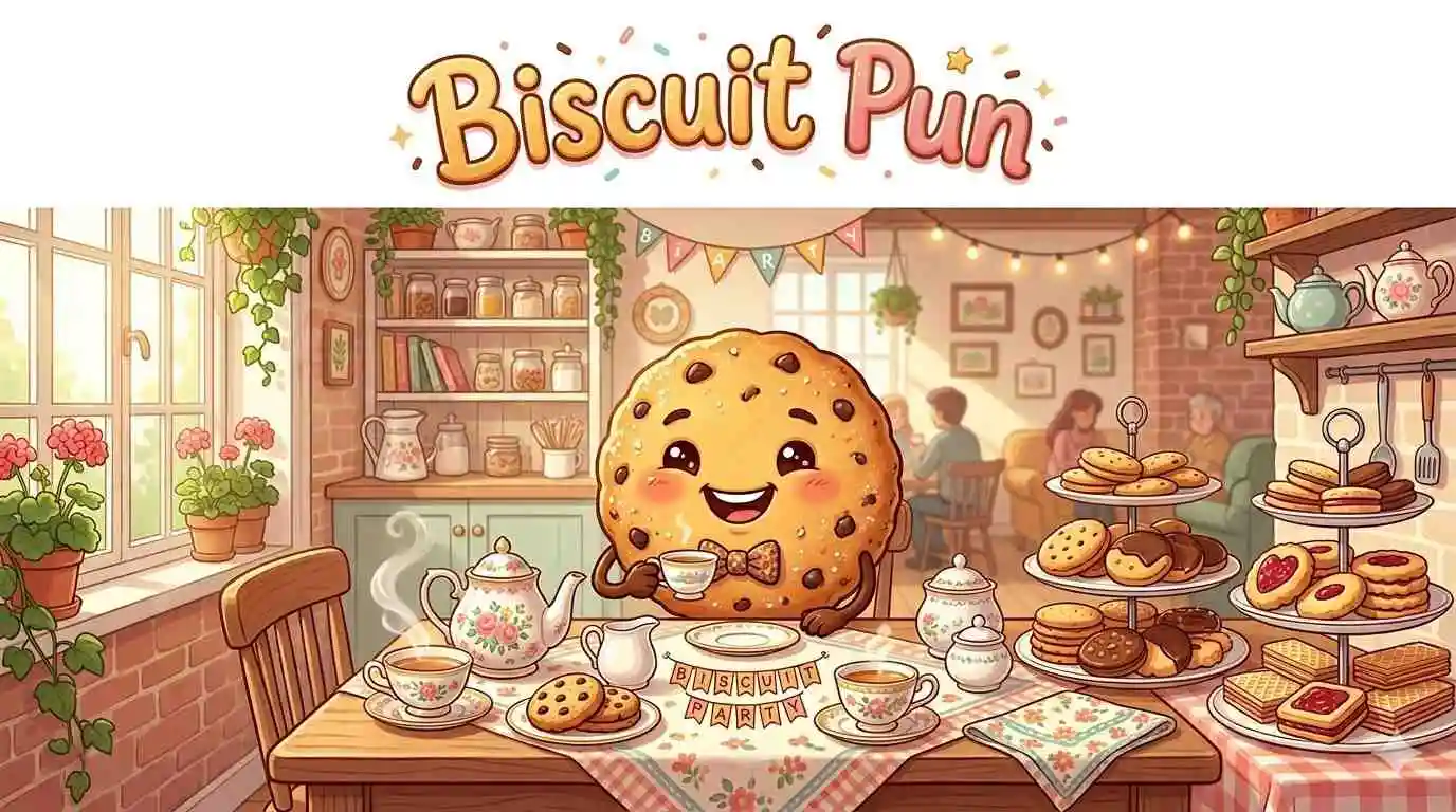 Cute biscuit character enjoying tea party