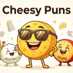 Funny cartoon cheese characters laughing together