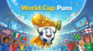 Funny soccer mascot celebrating victory.