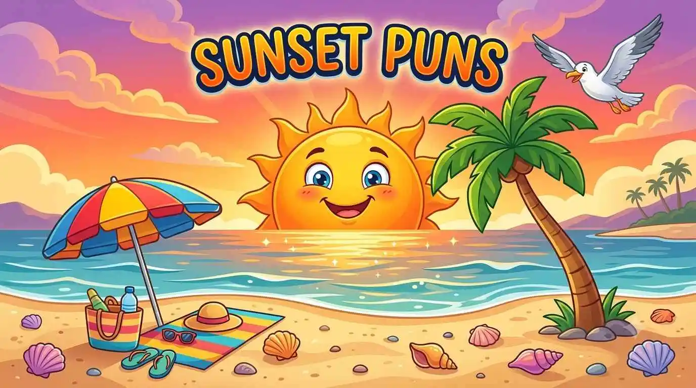 Cartoon sunset smiling over beach.