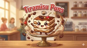 Funny tiramisu dessert character smiling.